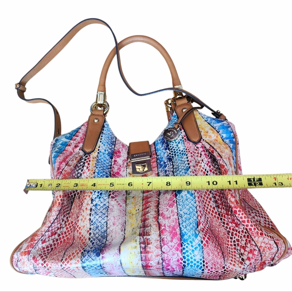Brahmin Elisa Leather Satchel Bag Snake Print Rainbow Beige Long Strap Charm - Picture 10 of 16